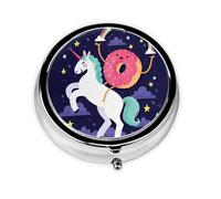 Unicorns Doughnut Rainbow Este pequeño pastillero redondo es un organizador portátil de medicamentos de viaje con tres compartimentos para almacenar medicamentos diarios.