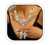 Unicra Juego de joyas de boda de oro con diamantes de imitación, collar y aretes para novia, juego de joyería india para mujer, talla única, Metal, No es una piedra preciosa