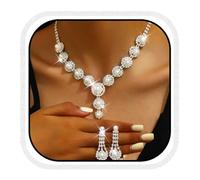 Unicra Juego de joyas de novia de perlas de plata con diamantes de imitación, collares y pendientes, juego de joyas de cristal para mujeres y novias, talla única, Acero aleado, No es una piedra