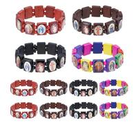 UNICRAFTALE 12 pulseras de 4 colores con azulejos de madera, modelo 4,9 cm, pulseras étnicas con santos conjuntos de pulseras elásticas con panel pequeño pulsera manifestación oración, Resina