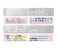 UNICRAFTALE 4 plantillas de metal con patrones mixtos, plantillas de acero inoxidable, alfabeto y números, plantilla de diario de metal, marcadores, regla, suministros escolares para manualidades