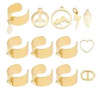 UNICRAFTALE DIY Charm Cuff Ring Making Kit Que Incluye Fornituras de Anillo Abierto de Acero Inoxidable Colgante de Corazón Hoja Charms Lightning Peace Sign Charms Link Connectors Golden Jump Rings