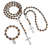 UNICRAFTALE Juego de 3 piezas de joyería de cuentas de roca de lava natural, collares, pulseras, adornos colgantes, piedras mixtas, plata envejecida, con colgante de cruz, conjuntos de joyería para