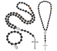 UNICRAFTALE Juego de joyas de 3 piezas de cuentas de piedra de lava natural, collar, pulseras, adornos colgantes, piedras mixtas, colgante de cruz de plata antigua, juego de joyas de perlas para