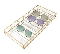 UNICRAFTALE Vitrina de almacenamiento de gafas, 6 rejillas, rectangular, de cristal, organizador de gafas de sol, soporte dorado múltiple para guardar gafas, joyas, relojes, bandeja de presentación