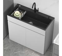 Unidad de Fregadero Independiente Moderna con Armario, Lavabo de Cocina de Acero Inoxidable con Estante, Grifo de Agua Caliente y Fría, Antidesbordamiento, para Estudio, Balcón y Exteriores