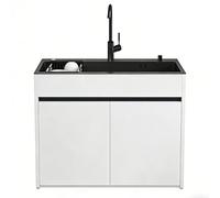 Unidad de Fregadero Moderna con Almacenaje para Estudio y Balcón, cubeta de acero inoxidable nano negro con mueble de aluminio de panel de abeja, tirador integrado, diseño antidesbordamiento