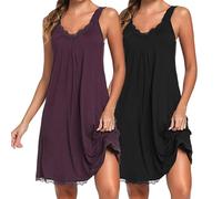 Uniexcosm Camisón de Mujer Algodon Camisones Mujer Sexy sin Manga Camisón con Tirantes Antideslizantes Cuello en V Ropa de Dormir Vestido Ligero y Suave para Hogar Negro+Fucsia Oscuro XS