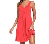 Uniexcosm Camisón de Mujer Algodon Camisones Mujer Sexy sin Manga Camisón con Tirantes Antideslizantes Cuello en V Ropa de Dormir Vestido Ligero y Suave para Hogar Melon Rojo M