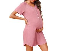 Uniexcosm Camison Embarazada, Camisón Maternidad Lactancia Algodon Camison Premamá Corta Camisón Lactancia Mangas Raglán con Botones Camisón con Cuello en V para Hospital Hogar Raíz de Loto Rosa M