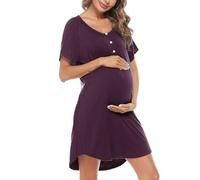 Uniexcosm Camison Embarazada, Camisón Maternidad Lactancia Algodon Camison Premamá Corta Camisón Lactancia Mangas Raglán con Botones Camisón con Cuello en V para Hospital Hogar Morado Oscuro S