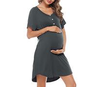Uniexcosm Camison Embarazada, Camisón Maternidad Lactancia Algodon Camison Premamá Corta Camisón Lactancia Mangas Raglán con Botones Camisón con Cuello en V para Hospital Hogar Gris Neto XL