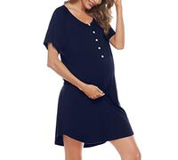 Uniexcosm Camisón Embarazada Maternidad Lactancia Algodón Premamá Corta Mangas Raglán Con Botones Cuello en V para Hospital Hogar Red Azul Oscuro M