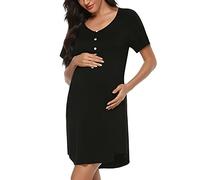 Uniexcosm Camisón Embarazada Maternidad Lactancia Algodón Premamá Corta Mangas Raglán Con Botones Cuello en V para Hospital Hogar Negro 3XL