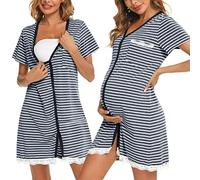 Uniexcosm Camisón Maternidad Lactancia, Camisones Embarazadas Algodon Manga Corta Camison Corto Encaje con Cuello en V Camisón Premamá Ropa para Dormir para Hogar A:Rayas Azul Oscuro XL