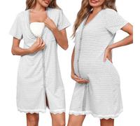 Uniexcosm Camisón Maternidad Lactancia, Camisones Embarazadas Algodon Manga Corta Camison Corto Encaje con Cuello en V Camisón Premamá Ropa para Dormir para Hogar A:Gris Claro-1 S