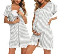 Uniexcosm Camisón Maternidad Lactancia, Camisones Embarazadas Algodon Manga Corta Camison Corto Encaje con Cuello en V Camisón Premamá Ropa para Dormir para Hogar A:Rayas Gris Claro S