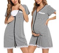 Uniexcosm Camisón Maternidad Lactancia, Camisones Embarazadas Algodon Manga Corta Camison Corto Encaje con Cuello en V Camisón Premamá Ropa para Dormir para Hogar A:Gris Blanco M