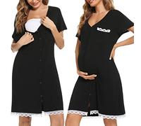 Uniexcosm Camisón Maternidad Lactancia, Camisones Embarazadas Algodon Manga Corta Camison Corto Encaje con Cuello en V Camisón Premamá Ropa para Dormir para Hogar A:Negro XL