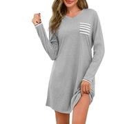 Uniexcosm Camisones de Mujer Manga Larga Camisón de Mujers con Cuello en V Colores Contrastantes con Bolsillos Suave Elegante Ropa de Dormir Gris Claro L