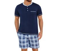 Uniexcosm Pijama Corto de Hombre,Algodón Verano Conjunto de Pijama 2 Piezas Manga Corta con Bolsillos Y Pantalón a Ligero Cuadros Suave Y Cómodo Ropa de Casa Hombre,Z-Azul Marino,4XL