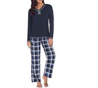 Uniexcosm Pijama Mujer Largo, Pijama Mujer Cuadros Pijama Conjunto Mujer Algodón Conjuntos de Pijama con Cuello Redondo Plaid Pajamas 2 Piezas con Bolsillo Suave para Hogar B:PAT2 S