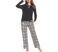 Uniexcosm Pijama Mujer Largo, Pijama Mujer Cuadros Pijama Conjunto Mujer Algodón Conjuntos de Pijama con Cuello Redondo Plaid Pajamas 2 Piezas con Bolsillo Suave para Hogar B:PAT3 S