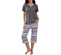 Uniexcosm Pijama Mujer Verano de Algodon, Conjunto de Pijama Corto Mujer de 2 Piezas Dormir de Manga Corta Conjunto Pijama Estampado en Cuello en V Casual Ropa de Casa B:PAT4 L