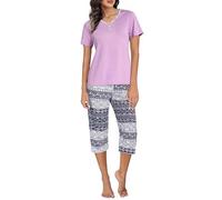 Uniexcosm Pijama Mujer Verano de Algodon, Conjunto de Pijama Corto Mujer de 2 Piezas Dormir de Manga Corta Conjunto Pijama Estampado en Cuello en V Casual Ropa de Casa B:PAT3 L
