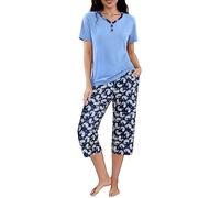 Uniexcosm Pijama Mujer Verano de Algodon, Conjunto de Pijama Corto Mujer de 2 Piezas Dormir de Manga Corta Conjunto Pijama Estampado en Cuello en V Casual Ropa de Casa B:PAT2 M