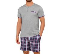 Uniexcosm Pijamas Hombre Verano Corto, Pijamas Cuadros Hombre Pijama Algodón Ropa de Casa Cuello Redondo con Abertura Abotonada Manga Corta con Bolsillos y Pantalón con Bolsillo,Gris,4XL