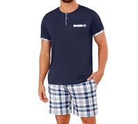 Uniexcosm Pijamas Hombre Verano Corto, Pijamas Cuadros Hombre Pijama Algodón Ropa de Casa Cuello Redondo con Abertura Abotonada Manga Corta con Bolsillos y Pantalón con Bolsillo,Azul Oscuro 2,4XL