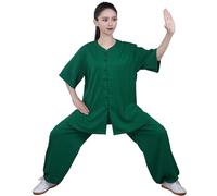 Uniforme de Tai Chi para Mujer, Traje Tradicional Chino de Kung Fu, Ropa de Artes Marciales de Manga Corta para Meditación Zen, Wing Chun/Uso Diario en Casa,Green-S