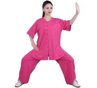Uniforme de Tai Chi para Mujer, Traje Tradicional Chino de Kung Fu, Ropa de Artes Marciales de Manga Corta para Meditación Zen, Wing Chun/Uso Diario en Casa,Rosered-L