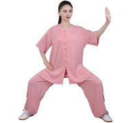 Uniforme de Tai Chi para Mujer, Traje Tradicional Chino de Kung Fu, Ropa de Artes Marciales de Manga Corta para Meditación Zen, Wing Chun/Uso Diario en Casa,Pink-L