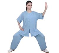 Uniforme de Tai Chi para Mujer, Traje Tradicional Chino de Kung Fu, Ropa de Artes Marciales de Manga Corta para Meditación Zen, Wing Chun/Uso Diario en Casa,Blue-S
