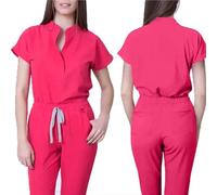 Uniforme Enfermera Mono de Enfermera for Mujer, Cuello levantado, Manga Corta, Multicolor, cordón en la Cintura, Uniforme médico con múltiples Bolsillos(Pink,M)
