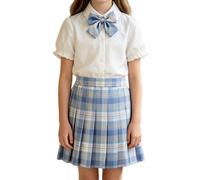 Uniforme escolar clásico JK para niñas, conjunto de 2 piezas a juego, camisa de manga corta con cuello decorada con lazo de tela, falda plisada elástica para lecciones diarias regulares (azul, 4-5
