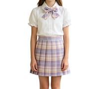 Uniforme escolar clásico JK para niñas, conjunto de 2 piezas a juego, camisa de manga corta con cuello decorada con lazo de tela, falda plisada elástica para lecciones diarias regulares (rosa intenso