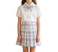 Uniforme escolar clásico JK para niñas, conjunto de 2 piezas a juego, camisa de manga corta con cuello decorada con lazo de tela, falda plisada elástica para lecciones diarias regulares (violeta claro