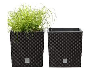 UNIFRAMPRO Macetas de plástico para Interiores y Exteriores, 2 Unidades, para Patio, Cubierta, jardín, Entrada, hogar, Maceta Cuadrada Rato, Estilo Mimbre/ratán (marrón Espresso)