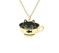 UNIFT Collar de gato negro en taza de té para mujer, de acero inoxidable, bonito dije de gatito, joyería para amantes de los gatos, regalo de cumpleaños, día de San Valentín, Adjustable, Acero