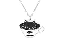 UNIFT Collar de gato negro en taza de té para mujer, de acero inoxidable, bonito dije de gatito, joyería para amantes de los gatos, regalo de cumpleaños, día de San Valentín, ajustable, Acero