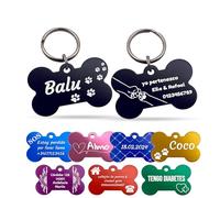 Unikat Branding | Etiquetas de identificación en paquete individual | Perro, gato y amo | Etiqueta de perro personalizada | Ambos lados con grabado | Hueso | 38 mm (azul)