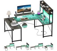 Unikito Escritorio de computadora en forma de U con gabinete, escritorio de oficina reversible en forma de L con tomas de corriente y tira LED, escritorio esquinero grande personalizable en forma de L