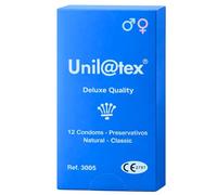 Unilatex Deluxe Quality Natural Classic Condones de Látex Natural Lubricados Tamaño Estándar 53 mm x 185 mm Ajuste Cómodo Alta Protección Testados Electrónicamente (12 Unidades)