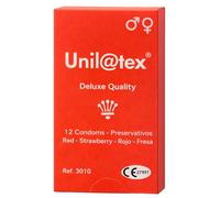 Unilatex Red Strawberry Deluxe Quality Preservativos de Látex Natural Lubricados Sabor Fresa Tamaño Estándar 53 mm x 185 mm Protección Segura - Pack Laborawi (12 Unidades)