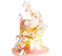 Unimall Paquete de 30 adornos para magdalenas de mariposa 3D de color blanco con borde dorado para niñas y mujeres, felices cumpleaños, bodas, fiestas, decoración de pared, decoración de alimentos