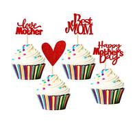 UNIMALL Unimall Pack of 24 Red Glitter Best Mom Heart Love Mother Cupcake Topper Cupcake Picks for Mother's Day Party Decoration Red Cupcake Topper Small