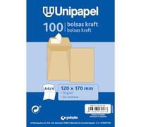 Unipapel - Pack 100 Sobres Papel Kraft 70g, 120x170mm, Bolsa Cierre Recto